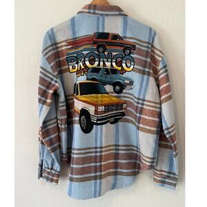 Ford Bronco Women's Plaid Blue Brown Graphic Flannel Shirt Button Down Sz Med
